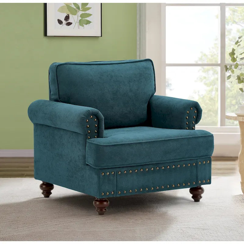 Fauteuil d'appoint Chenille Vert Lac avec clous décoratifs – 1 place