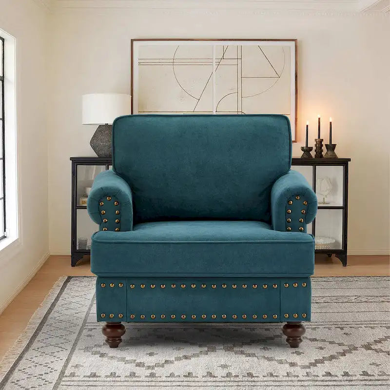 Fauteuil d'appoint Chenille Vert Lac avec clous décoratifs – 1 place
