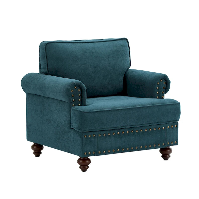 Fauteuil d'appoint Chenille Vert Lac avec clous décoratifs – 1 place