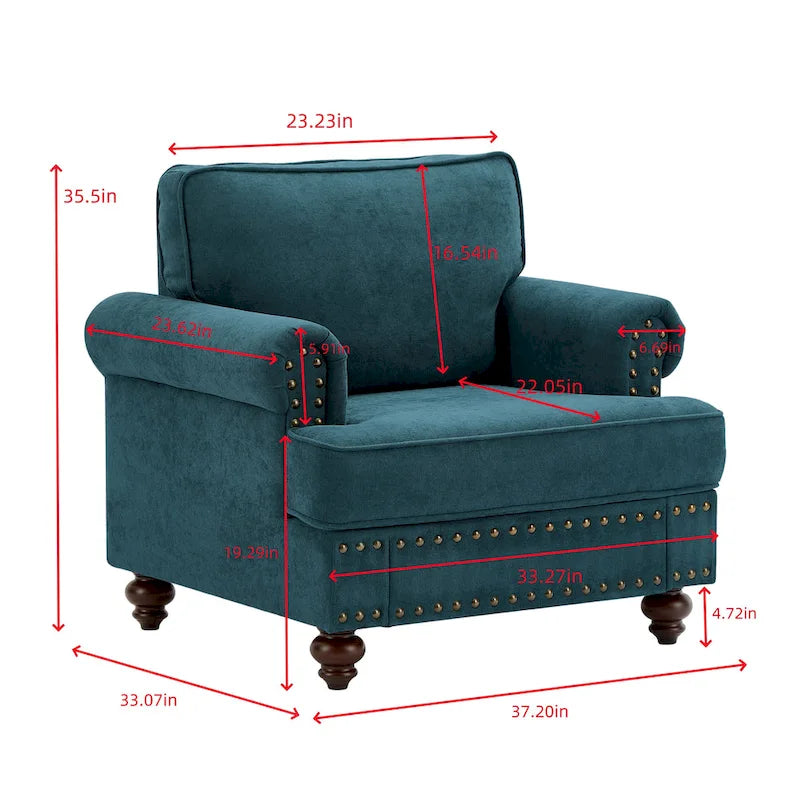 Fauteuil d'appoint Chenille Vert Lac avec clous décoratifs – 1 place