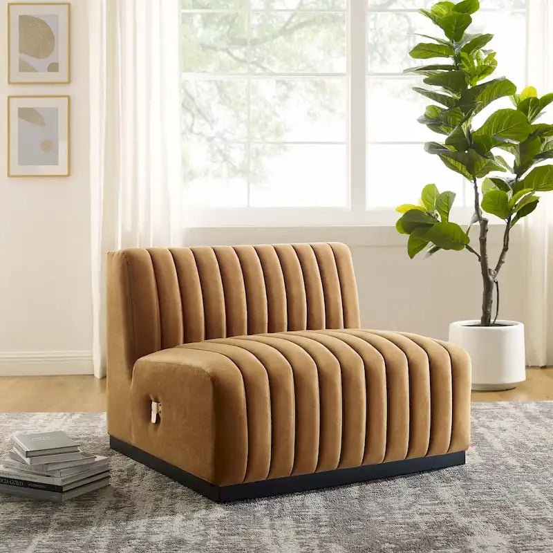Fauteuil sans accoudoirs en velours capitonné – Noir cognac / Émeraude / Minuit / Gris, 1 place