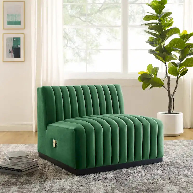 Fauteuil sans accoudoirs en velours capitonné – Noir cognac / Émeraude / Minuit / Gris, 1 place