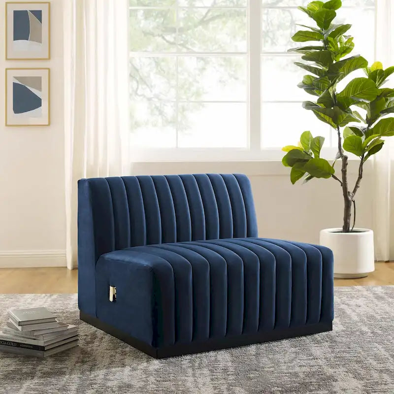 Fauteuil sans accoudoirs en velours capitonné – Noir cognac / Émeraude / Minuit / Gris, 1 place