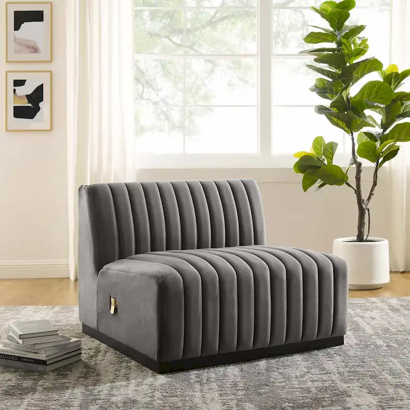 Fauteuil sans accoudoirs en velours capitonné – Noir cognac / Émeraude / Minuit / Gris, 1 place