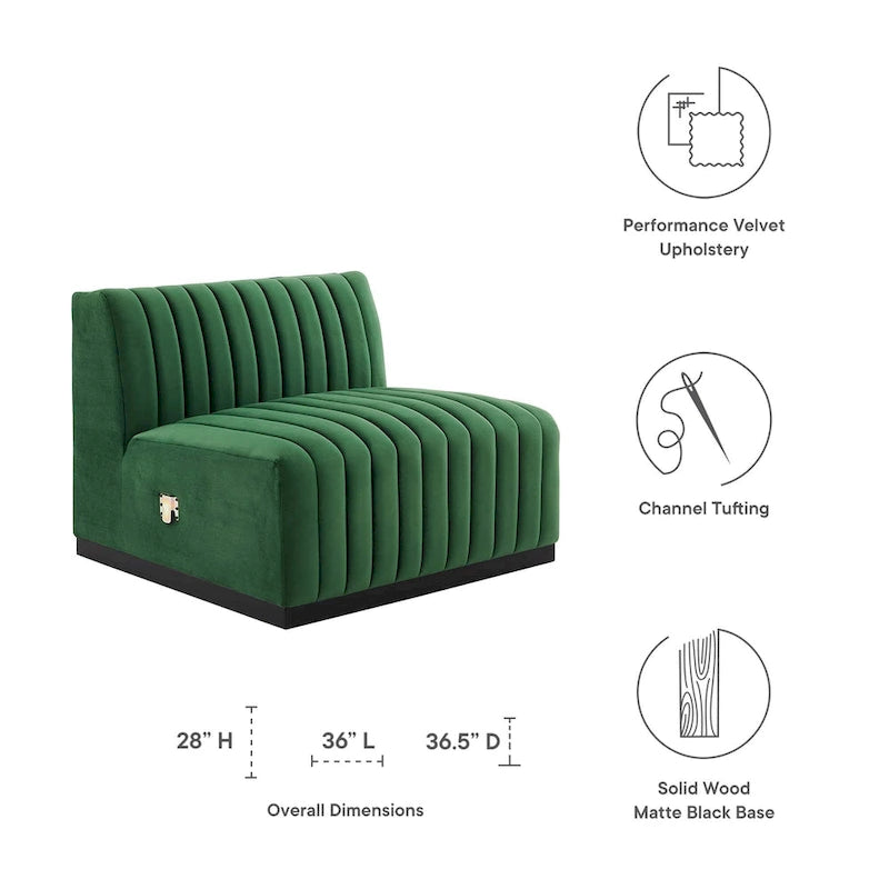Fauteuil sans accoudoirs en velours capitonné – Noir cognac / Émeraude / Minuit / Gris, 1 place