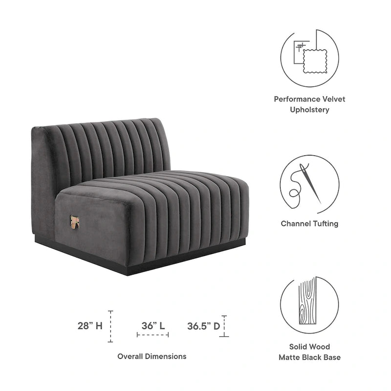 Fauteuil sans accoudoirs en velours capitonné – Noir cognac / Émeraude / Minuit / Gris, 1 place