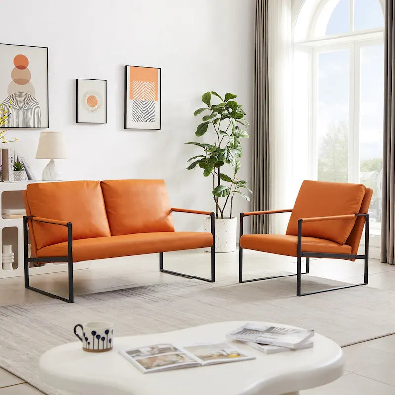 Fauteuil d'appoint en similicuir avec dossier rembourré – Gris / Marron clair / Orange, 1 place