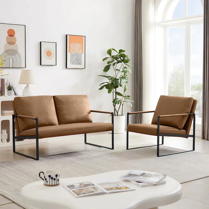 Fauteuil d'appoint en similicuir avec dossier rembourré – Gris / Marron clair / Orange, 1 place