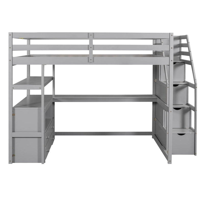 Lit mezzanine pleine taille avec bureau et étagères, deux tiroirs intégrés, escalier de rangement, gris