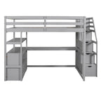 Lit mezzanine pleine taille avec bureau et étagères, deux tiroirs intégrés, escalier de rangement, gris