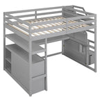 Lit mezzanine pleine taille avec bureau et étagères, deux tiroirs intégrés, escalier de rangement, gris
