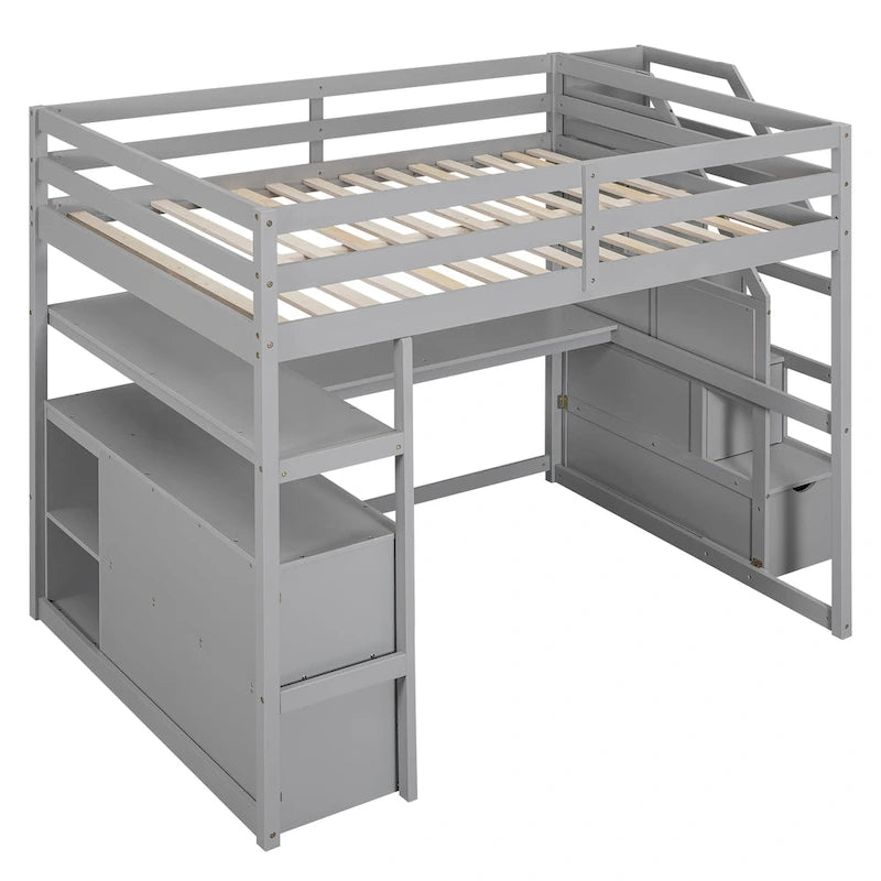 Lit mezzanine pleine taille avec bureau et étagères, deux tiroirs intégrés, escalier de rangement, gris
