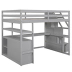 Lit mezzanine pleine taille avec bureau et étagères, deux tiroirs intégrés, escalier de rangement, gris