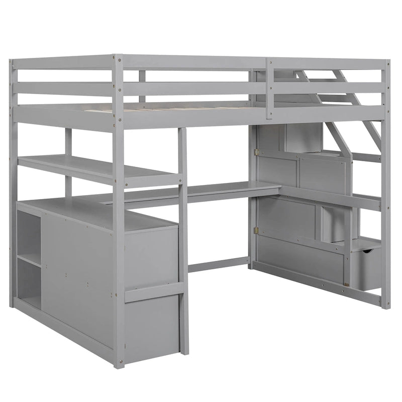 Lit mezzanine pleine taille avec bureau et étagères, deux tiroirs intégrés, escalier de rangement, gris