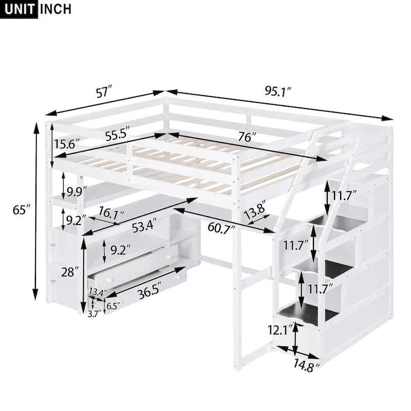Lit mezzanine pleine taille avec bureau et étagères, deux tiroirs intégrés, escalier de rangement, gris