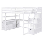 Lit mezzanine pleine taille avec bureau et étagères, deux tiroirs intégrés, escalier de rangement, gris