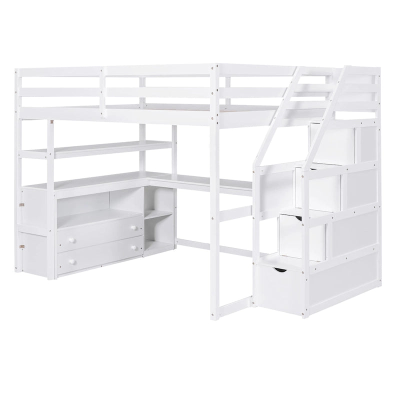 Lit mezzanine pleine taille avec bureau et étagères, deux tiroirs intégrés, escalier de rangement, gris