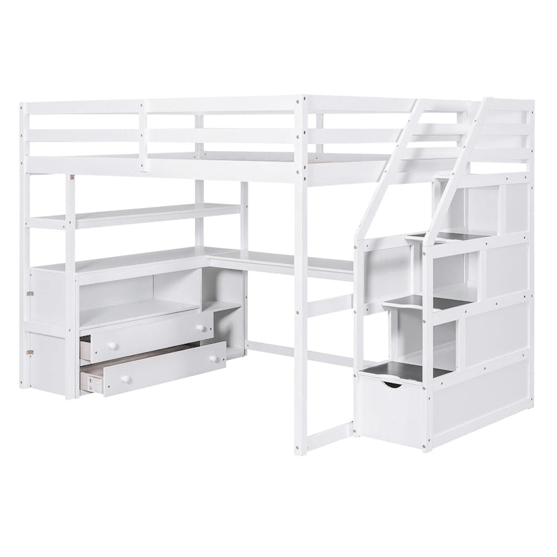 Lit mezzanine pleine taille avec bureau et étagères, deux tiroirs intégrés, escalier de rangement, gris