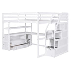 Lit mezzanine pleine taille avec bureau et étagères, deux tiroirs intégrés, escalier de rangement, gris