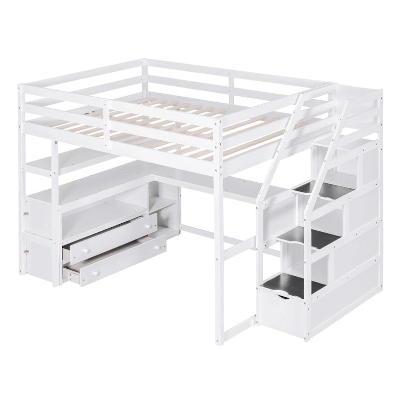 Lit mezzanine pleine taille avec bureau et étagères, deux tiroirs intégrés, escalier de rangement, gris