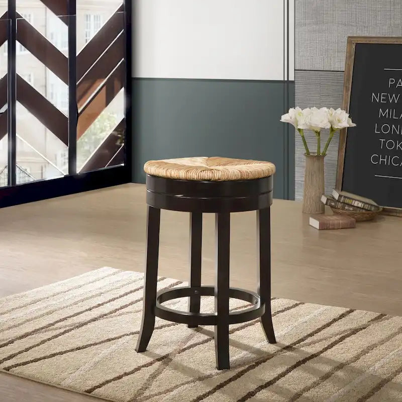 24 Tabourets de comptoir pivotants en jonc tressé, marron et beige
