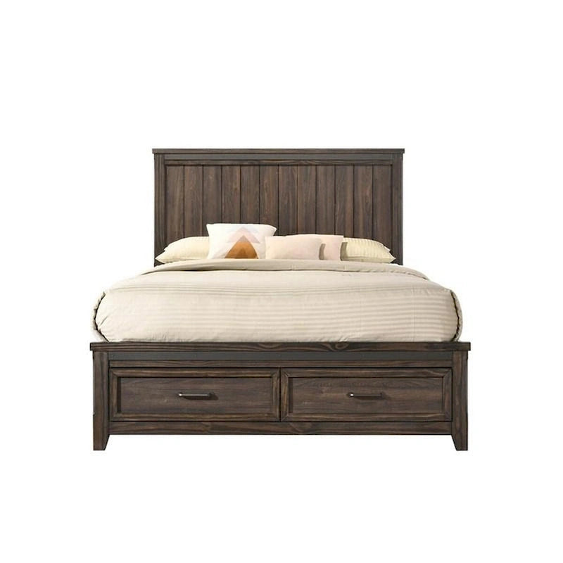Lit double grand format Sea, design rustique moderne, tête de lit à panneaux, bois marron
