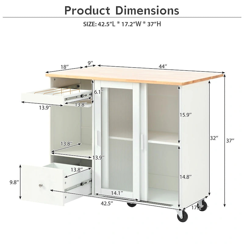 Îlot de cuisine avec surface à rabat, éclairage LED, portes en verre cannelé, étagère réglable, deux tiroirs et roulettes.