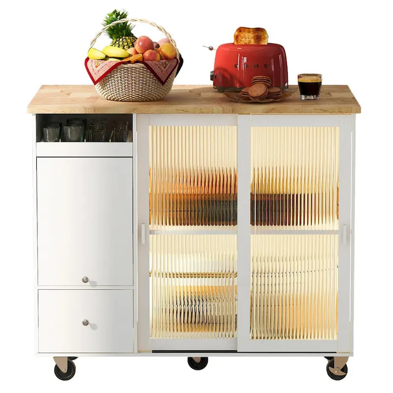 Îlot de cuisine avec surface à rabat, éclairage LED, portes en verre cannelé, étagère réglable, deux tiroirs et roulettes.