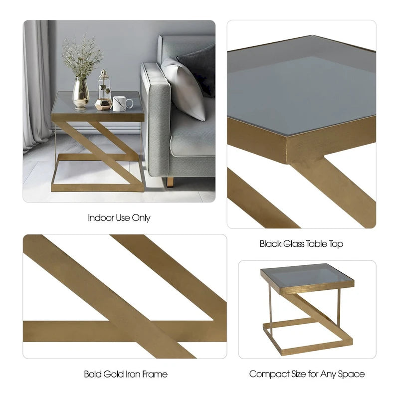 Table d'appoint noire et dorée avec plateau en verre – Structure en fer, 56 x 56 x 51 cm, pour 1 personne