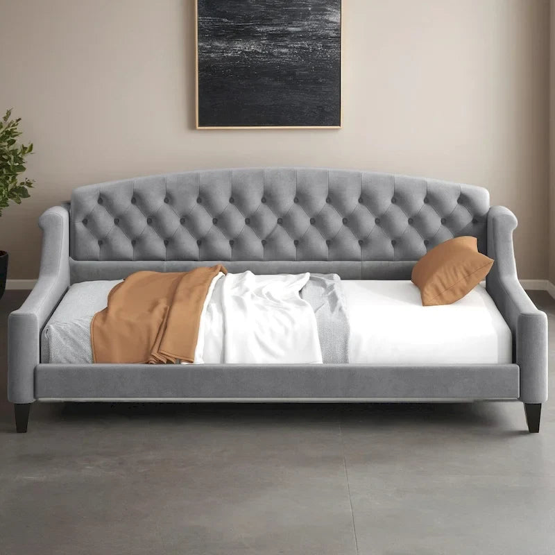 Lit de repos capitonné de luxe moderne pleine grandeur, conception multifonctionnelle, aucun sommier tapissier requis