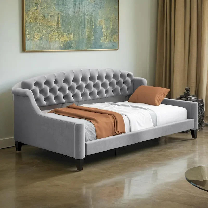 Lit de repos capitonné de luxe moderne pleine grandeur, conception multifonctionnelle, aucun sommier tapissier requis