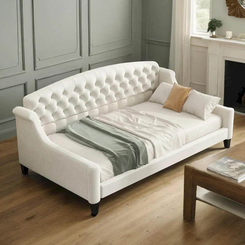 Lit de repos capitonné de luxe moderne pleine grandeur, conception multifonctionnelle, aucun sommier tapissier requis