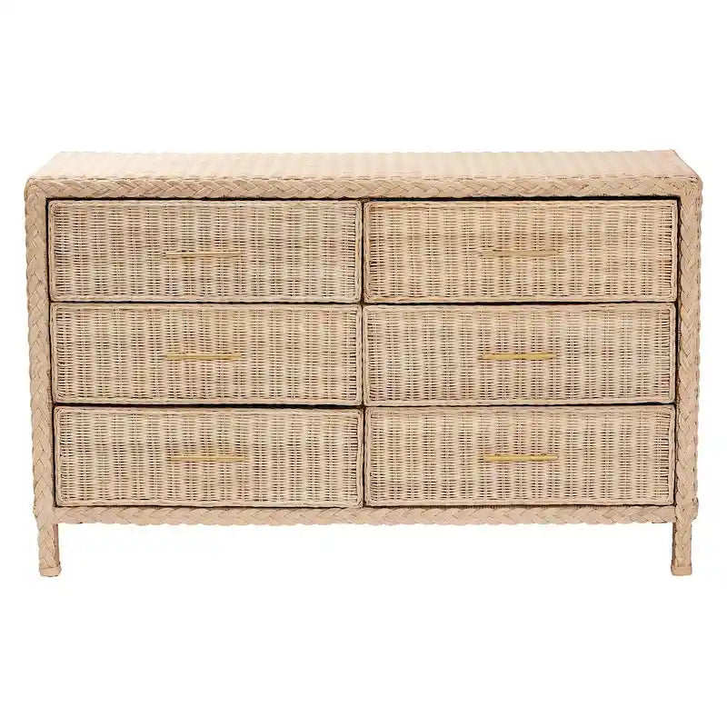 Commode Lanica Japandi 6 tiroirs en rotin tressé blanchi