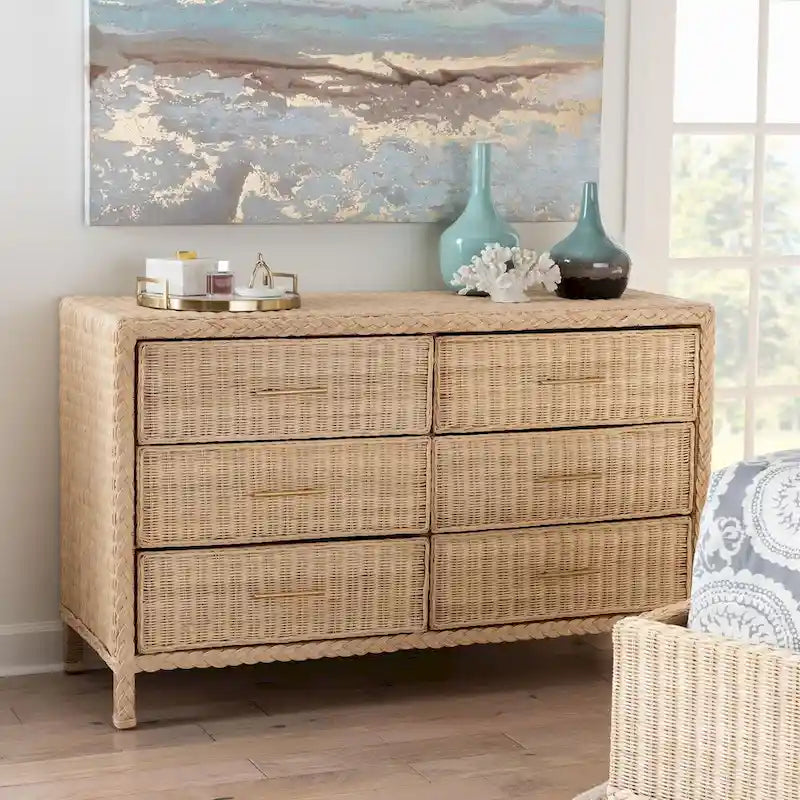 Commode Lanica Japandi 6 tiroirs en rotin tressé blanchi