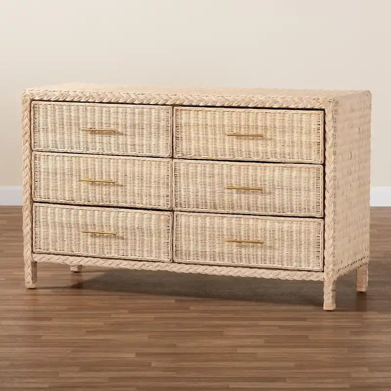 Commode Lanica Japandi 6 tiroirs en rotin tressé blanchi