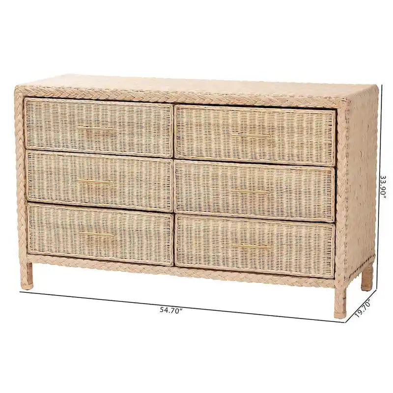Commode Lanica Japandi 6 tiroirs en rotin tressé blanchi