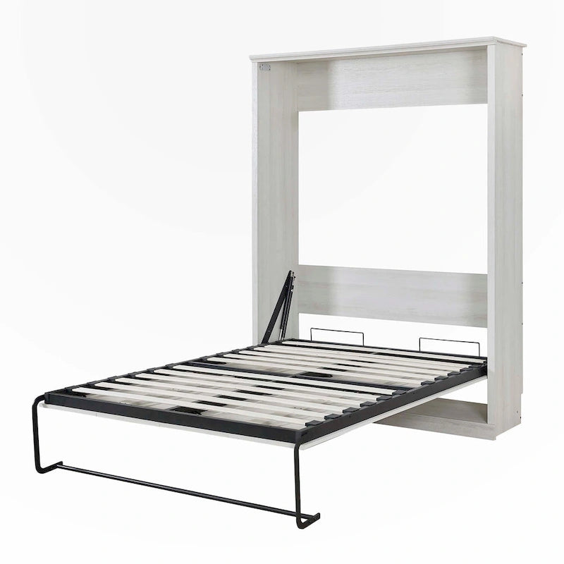 Lit escamotable mural grand format blanc rustique – Vérins doubles, cadre métallique, pour 1 à 2 personnes