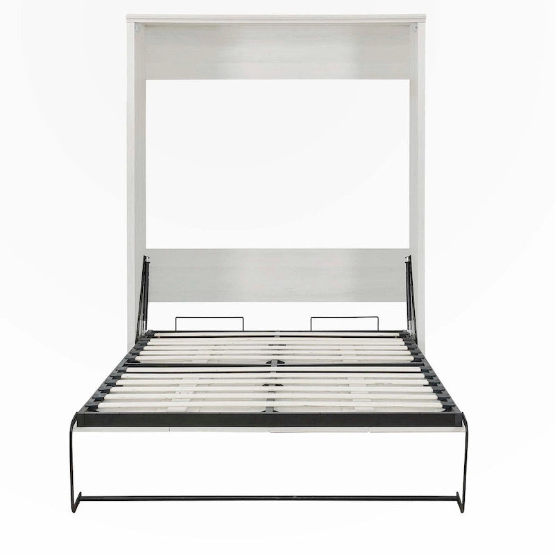 Lit escamotable mural grand format blanc rustique – Vérins doubles, cadre métallique, pour 1 à 2 personnes